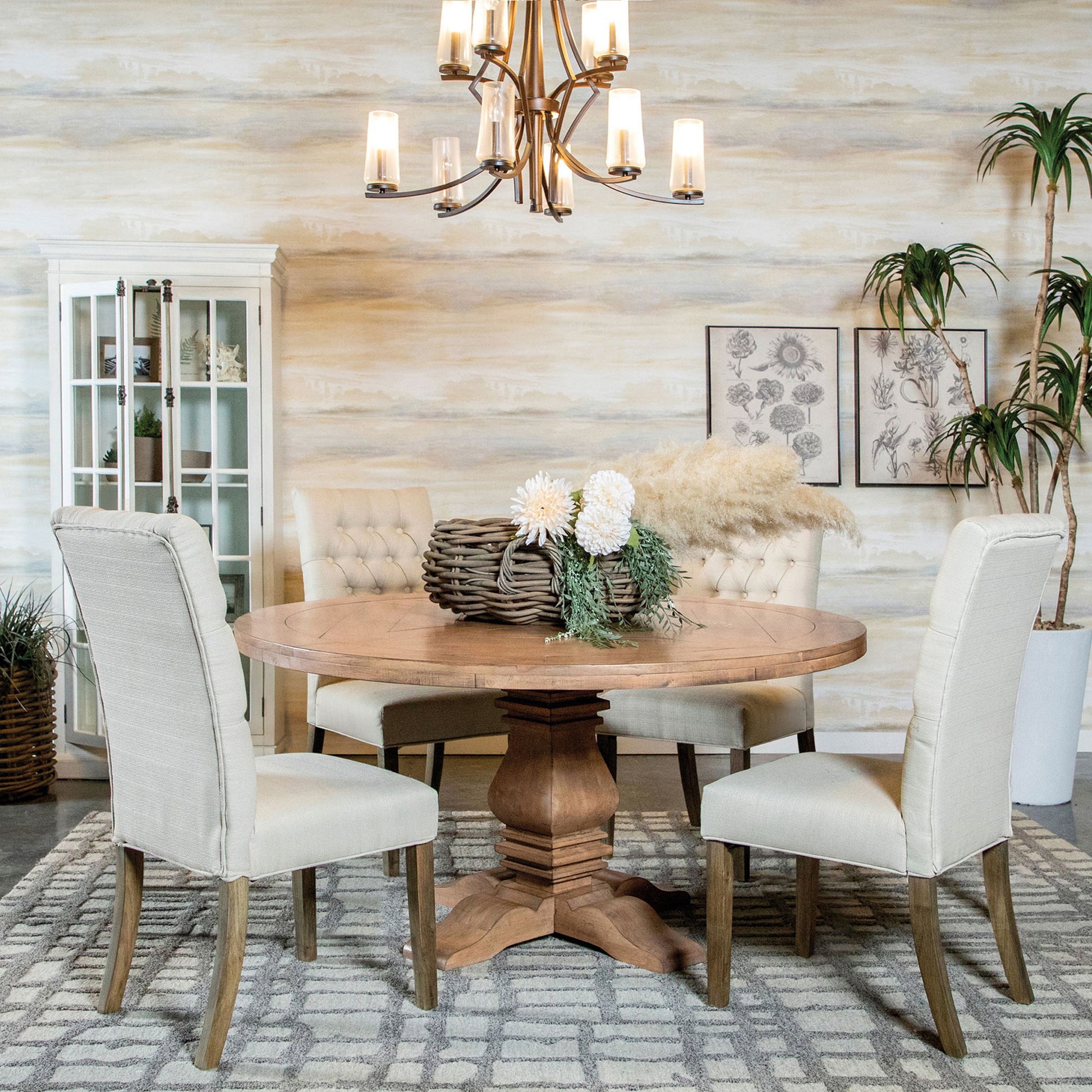 Crux - 5 Piece Round Dining Table Set With Upholstered Chairs - Honey