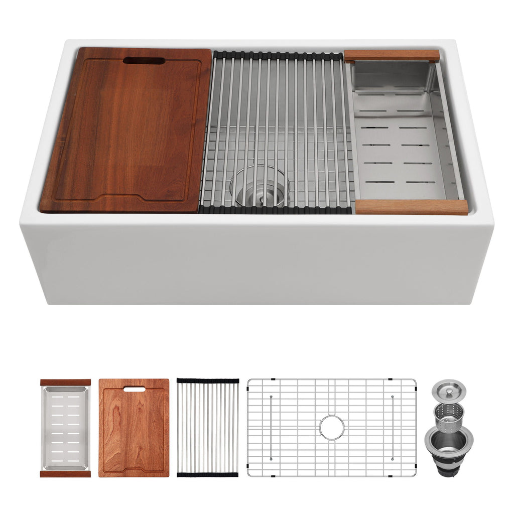 Farmhouse Sink Workstation, Ceramic Single Bowl With Accessories