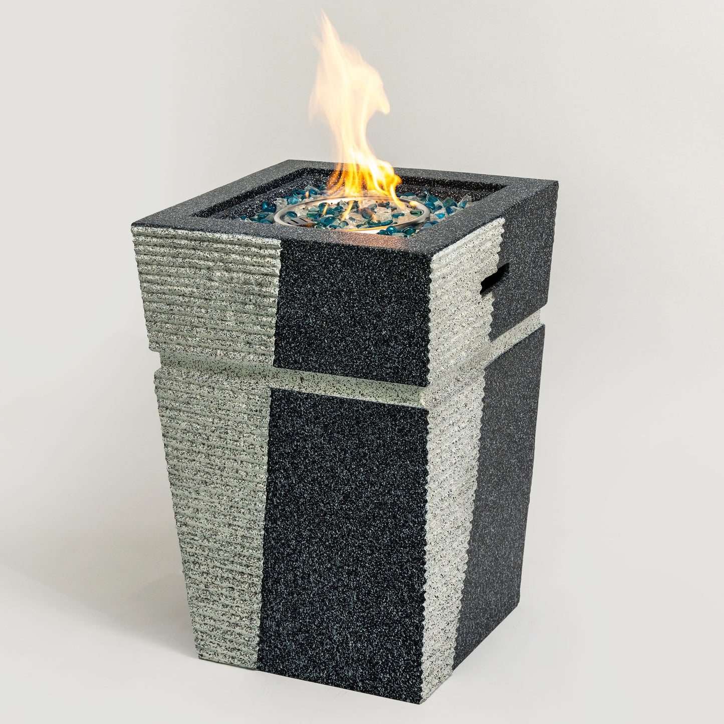 Outdoor Concrete Fire Pit Column Propane Fire Pit Patio Gas Fire Pit - Light Grey / Blue