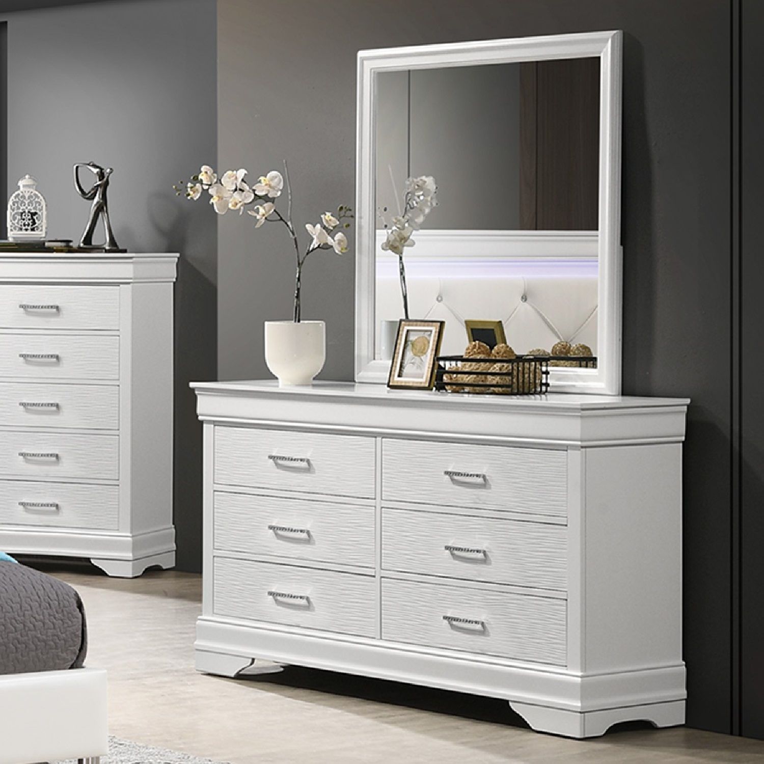 1 Piece Dresser Of Drawers Bedroom Furniture With Diamond Accent Handles, Drawer Box - White