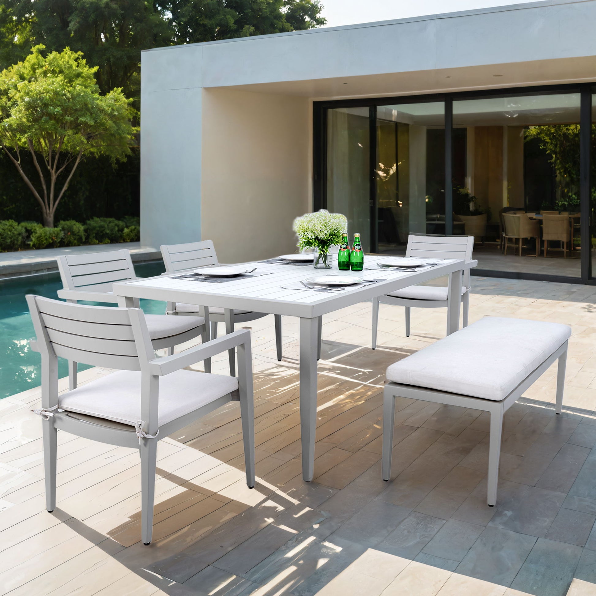 6 Piece Dining Set Modern Outdoor Patio Furniture, 4 Dining Chairs & 1 Dining Bench Sunbrella Fabric And 2 Tone Rectangle Table With Umbrella Hole - Matte White / Grayish