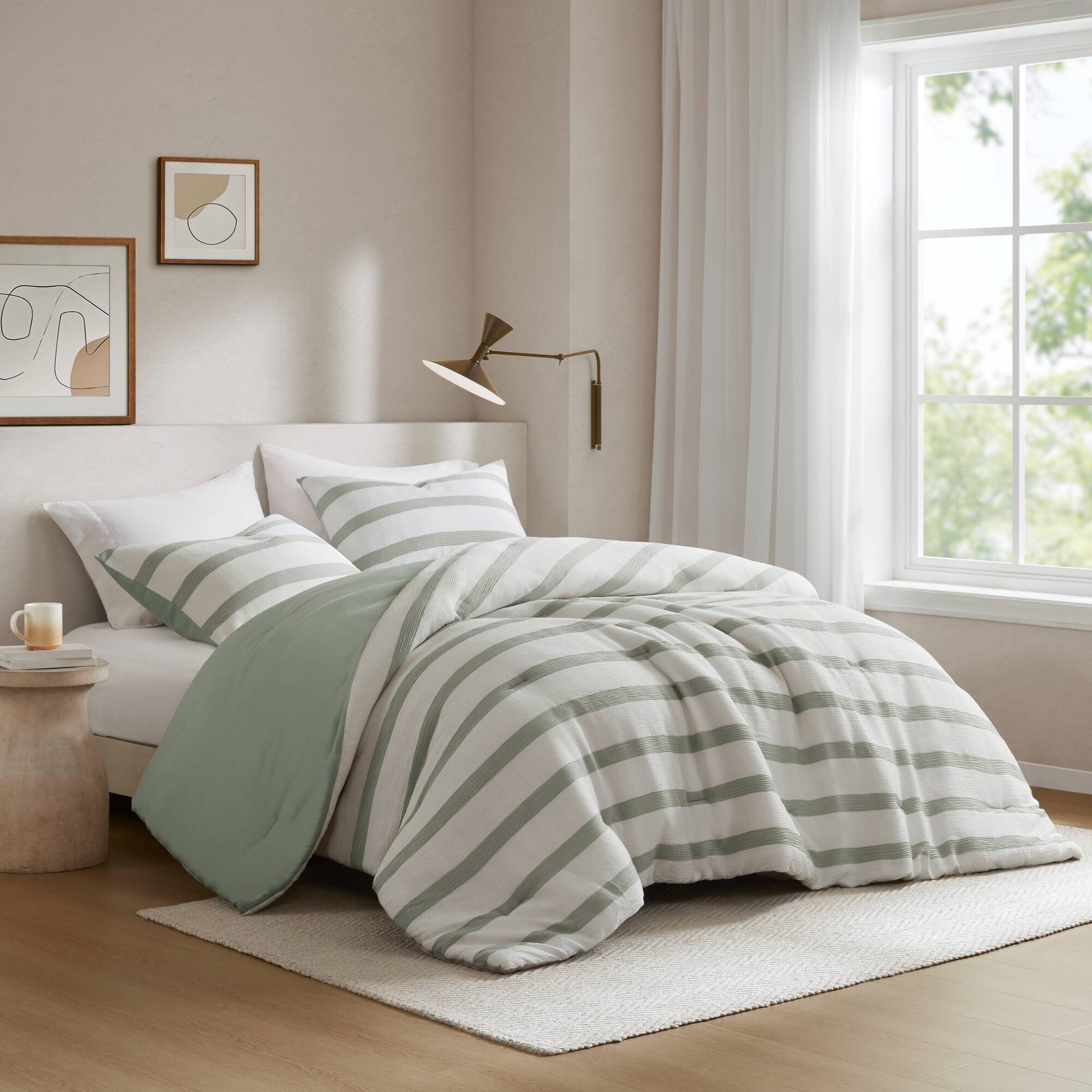 Merritt - Full/Queen Yarn-Dyed Striped Comforter - Sage Green