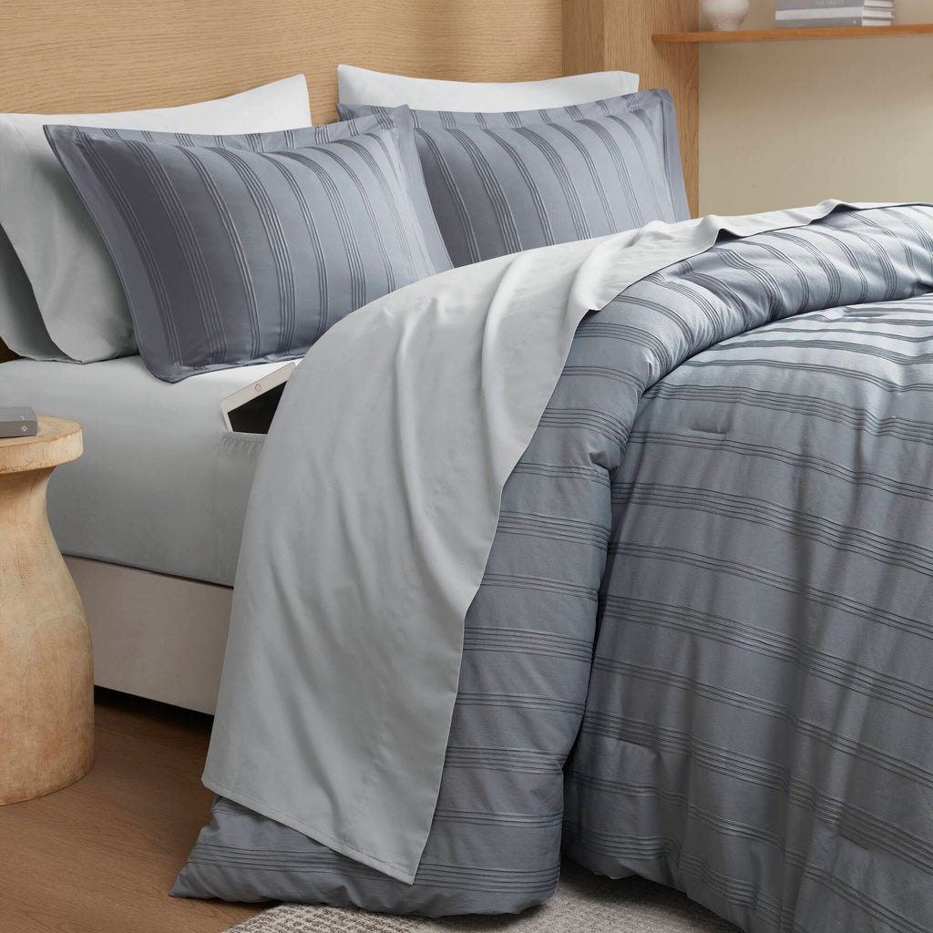 Logan - Full Striped Comforter Set - Blue / Gray