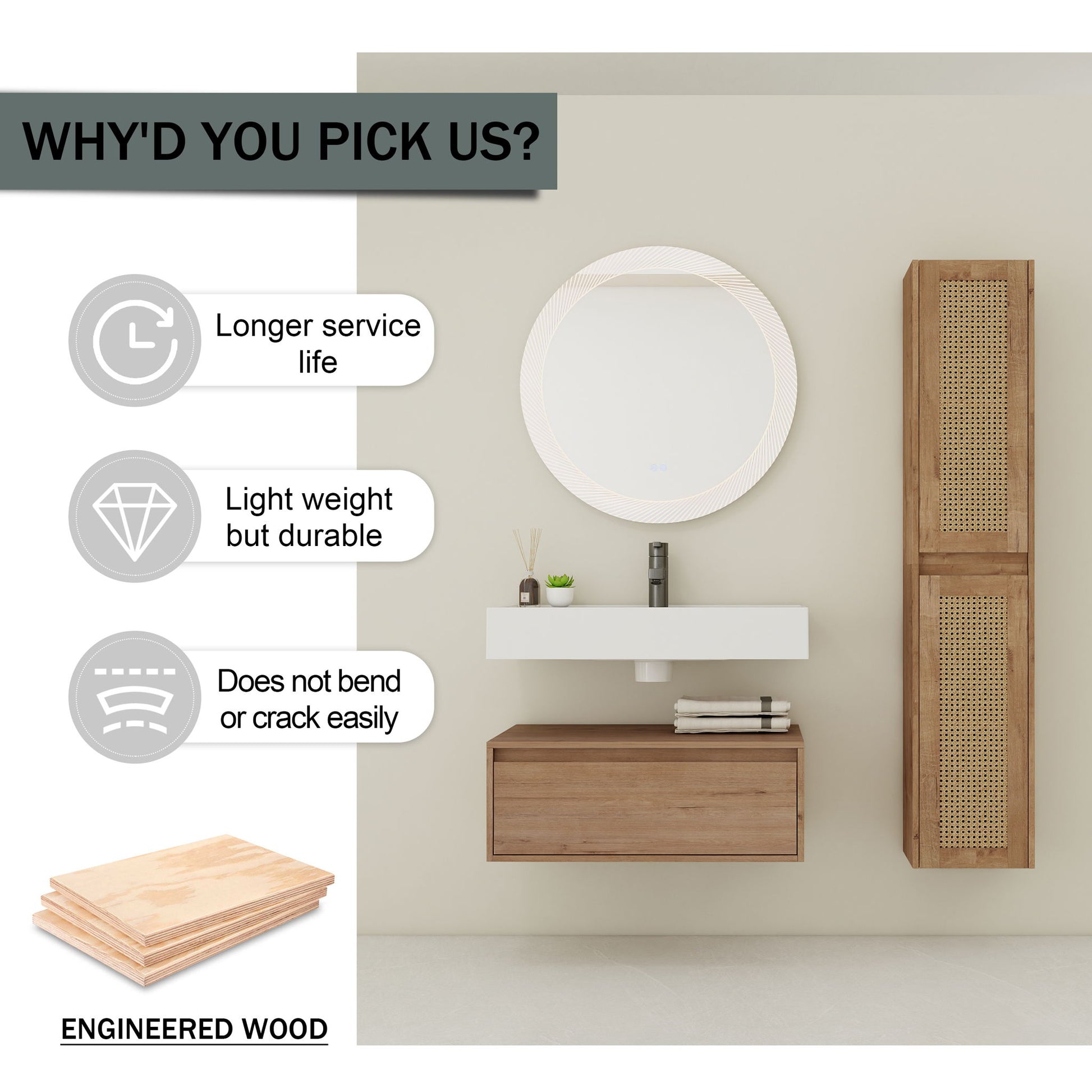 Modern Imitative Wall Mounted Bathroom Vanity With Resin Sink & 2 Side Cabinet, Soft Close Drawer - Imitative Oak