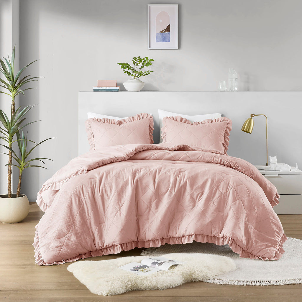 Phoebe - Full/Queen Diamond Quilted Ruffle Edge Comforter Set - Blush