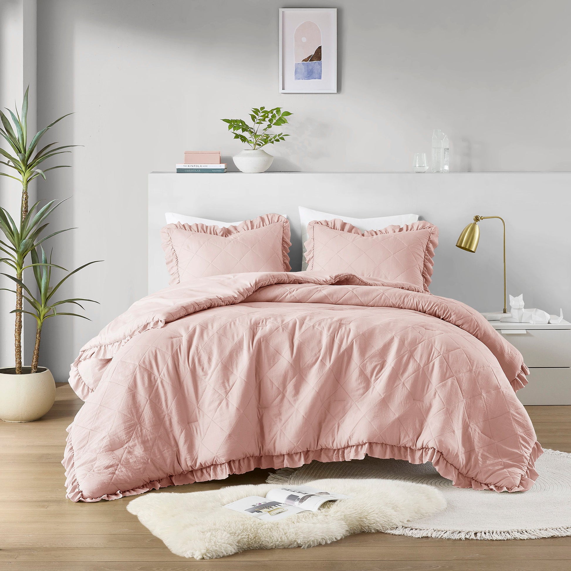 Phoebe - Full/Queen Diamond Quilted Ruffle Edge Comforter Set - Blush