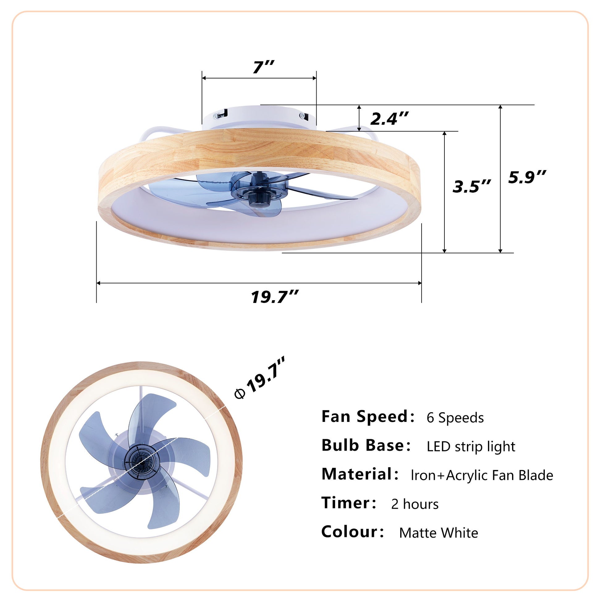 Ceiling Fans With Lights And Remote, 3000 - 6500K Dimmable Flush Mount LED Fan Light, 6 Speeds, Quiet DC Motor For Living Room - Matte White / Natural Wood