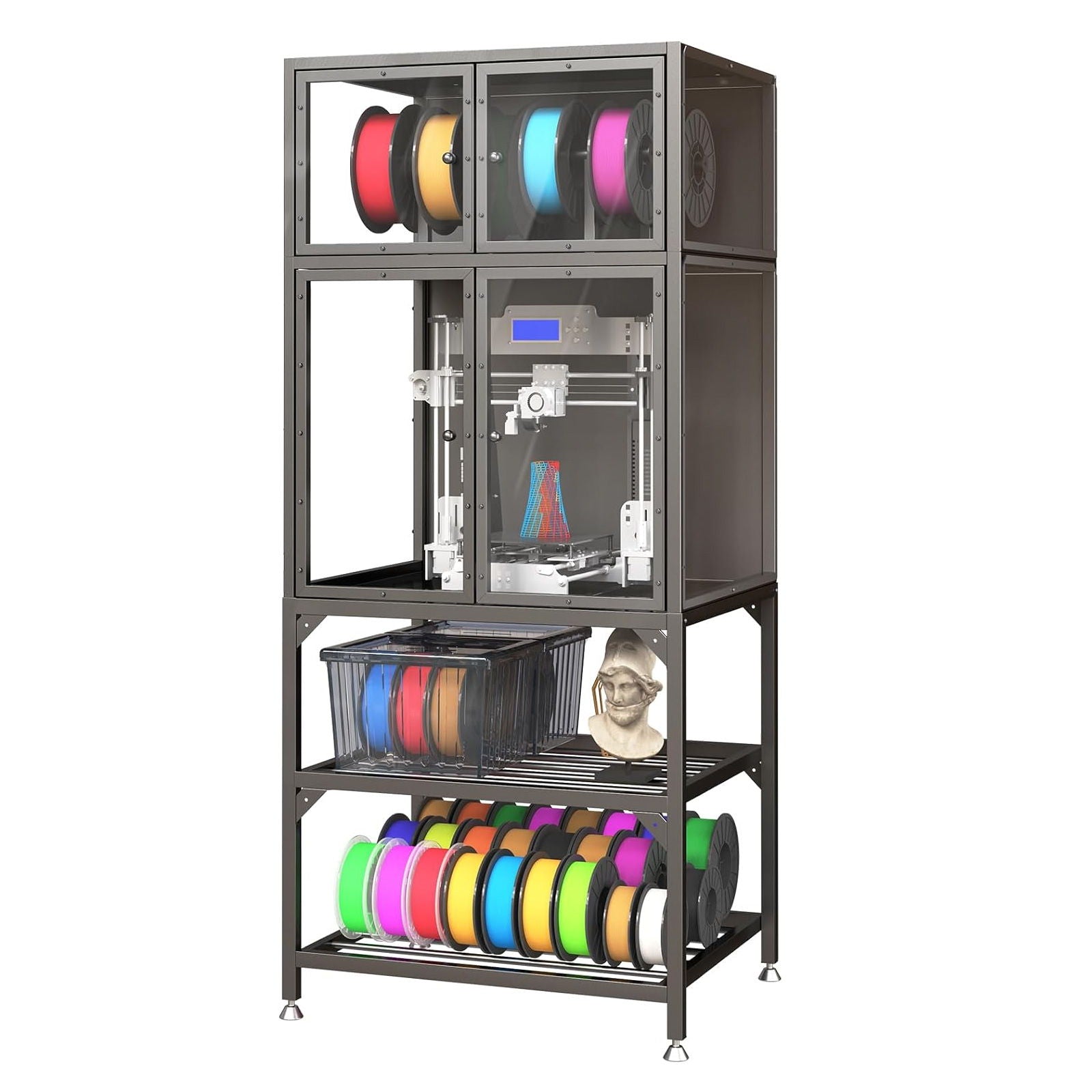 3D Printer Cabinet With Double Layer Filament Storage, Noise Reducing Design - Black