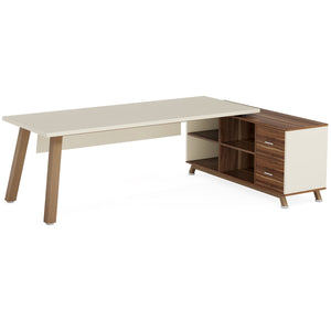 L-Shaped Executive Desk With File Cabinet, Computer Workstation With Drawers And Shelves For Home Office - White / Walnut