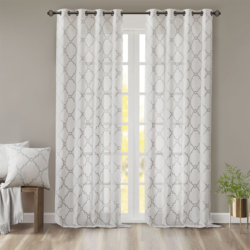 Saratoga - 95" Fretwork Print Grommet Top Window Curtain - Ivory