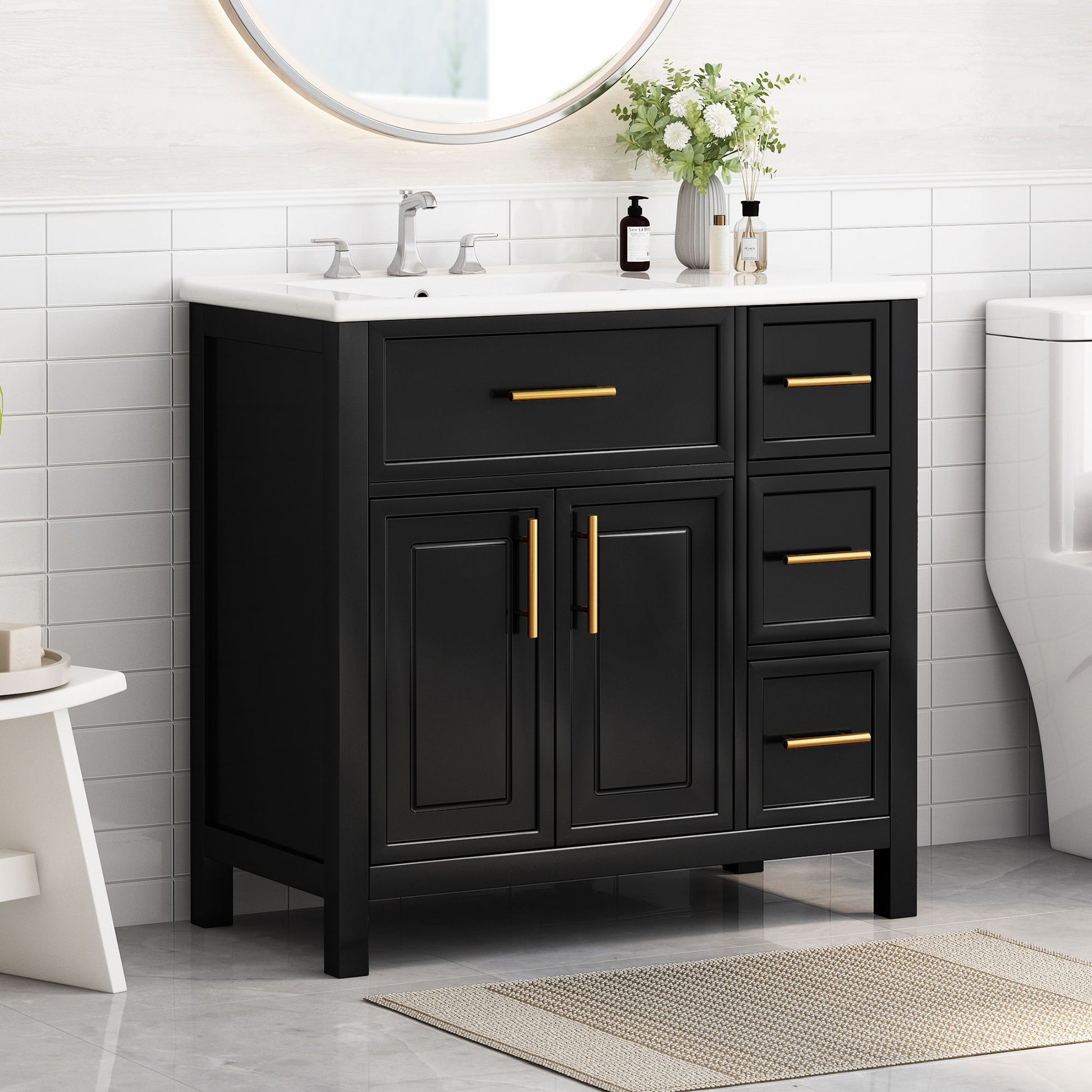Modern Bathroom Vanity With Sink Top, 2 Doors And 3 Drawers