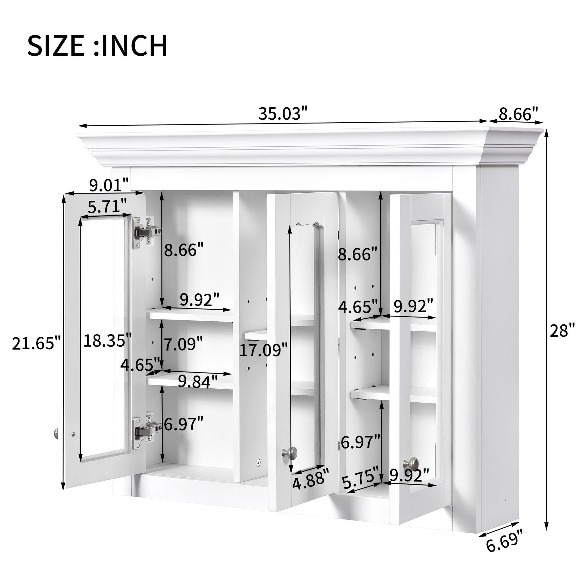 Bathroom Medicine Cabinet With Mirror, 5 Adjustable Closed Shelves, Wall-Mounted - White