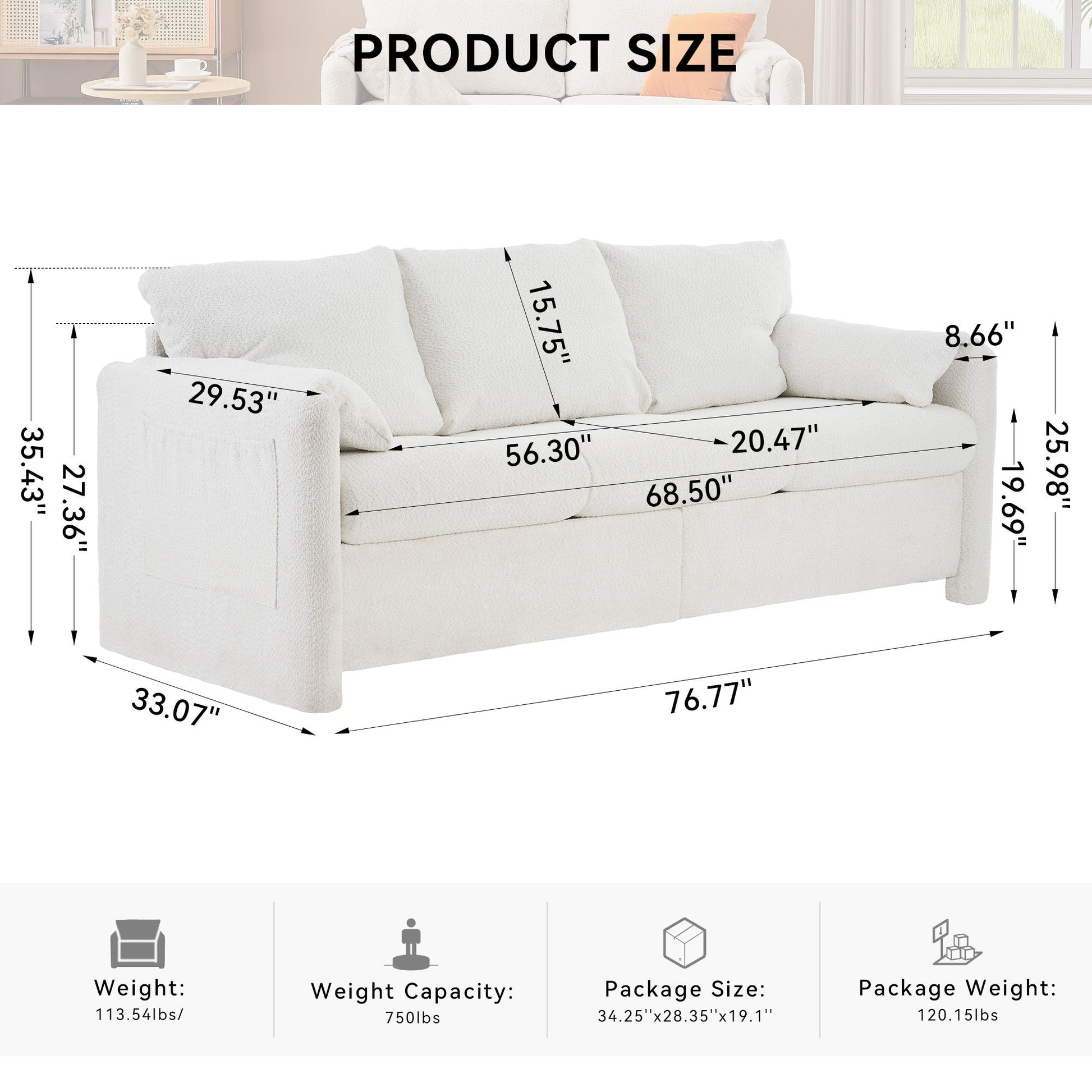 Modern 3 Seater Sofa Chenille Couch Plush Triple Seater Sofa With High Density Foam Cushions, Deep Seat Living Room Couch For Family Room, Apartment & Home Theater - Ivory White
