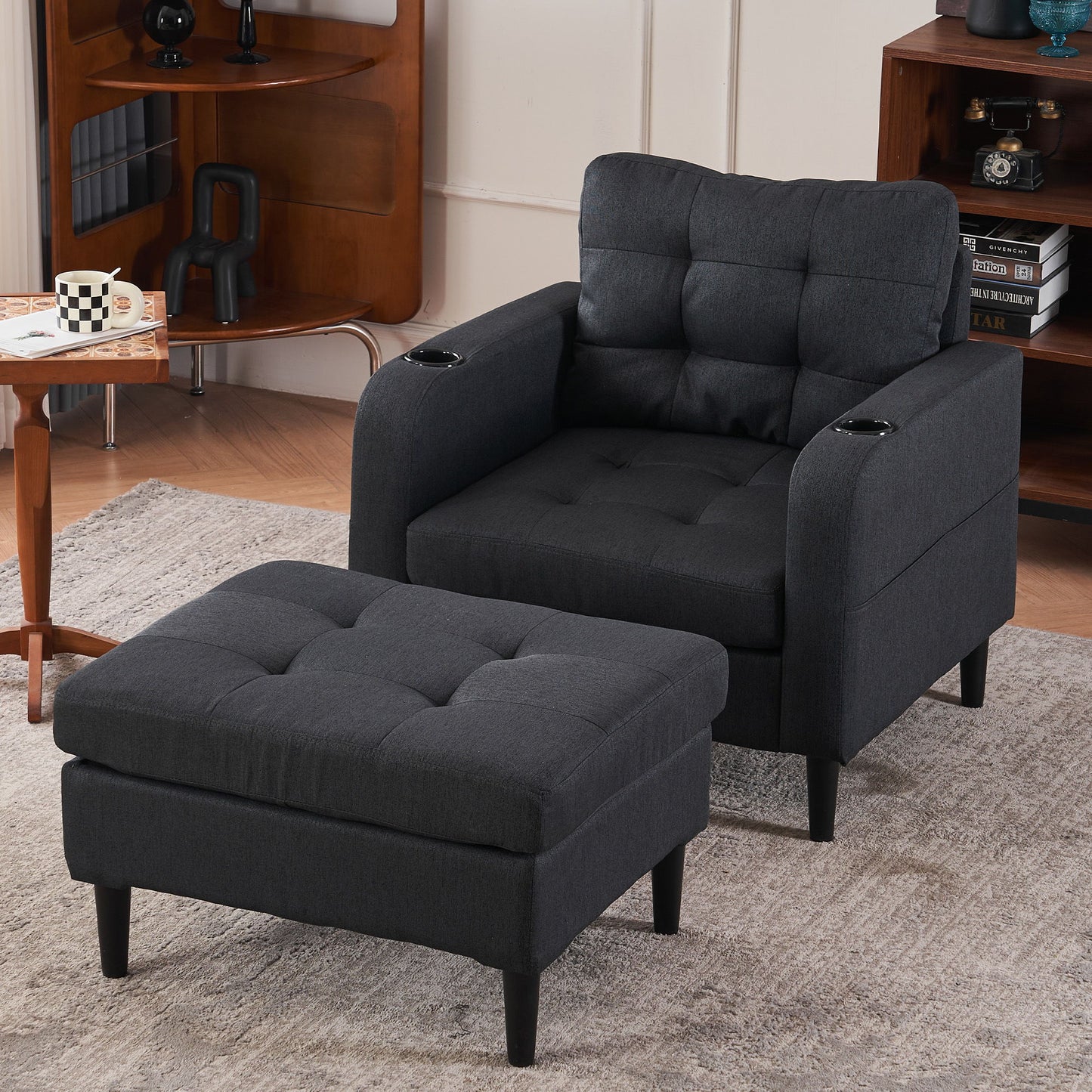 Upholstered Armchair And Storage Ottoman Set, Comfortable Single Sofa With Cup Holders And Tufted Detailing, Ideal For Living Room Or Bedroom