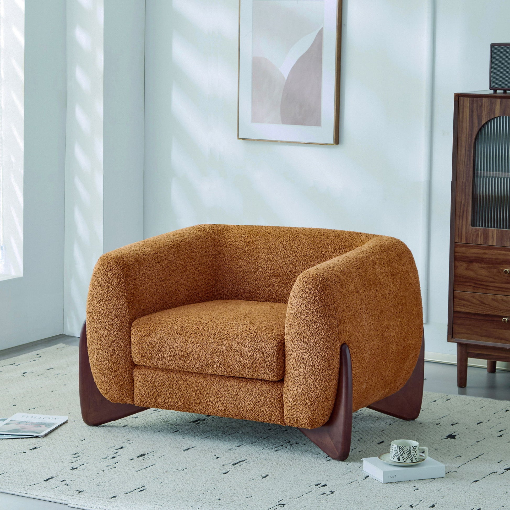 Modern Upholstered Boucle Arm Chair With Tuxedo Design And Triangular Legs