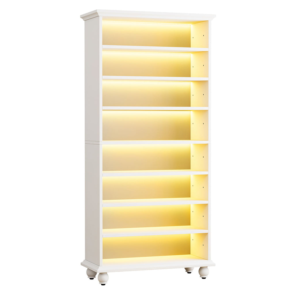 8 Tier Led Illuminated Shoe Cabinet With Adjustable Shelves, Storage Rack For 26 Pairs - White