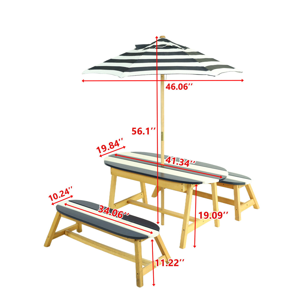 Naturally Playful Kids Picnic Table With Umbrella, Indoor / Outdoor Fun - Blue / White Stripes