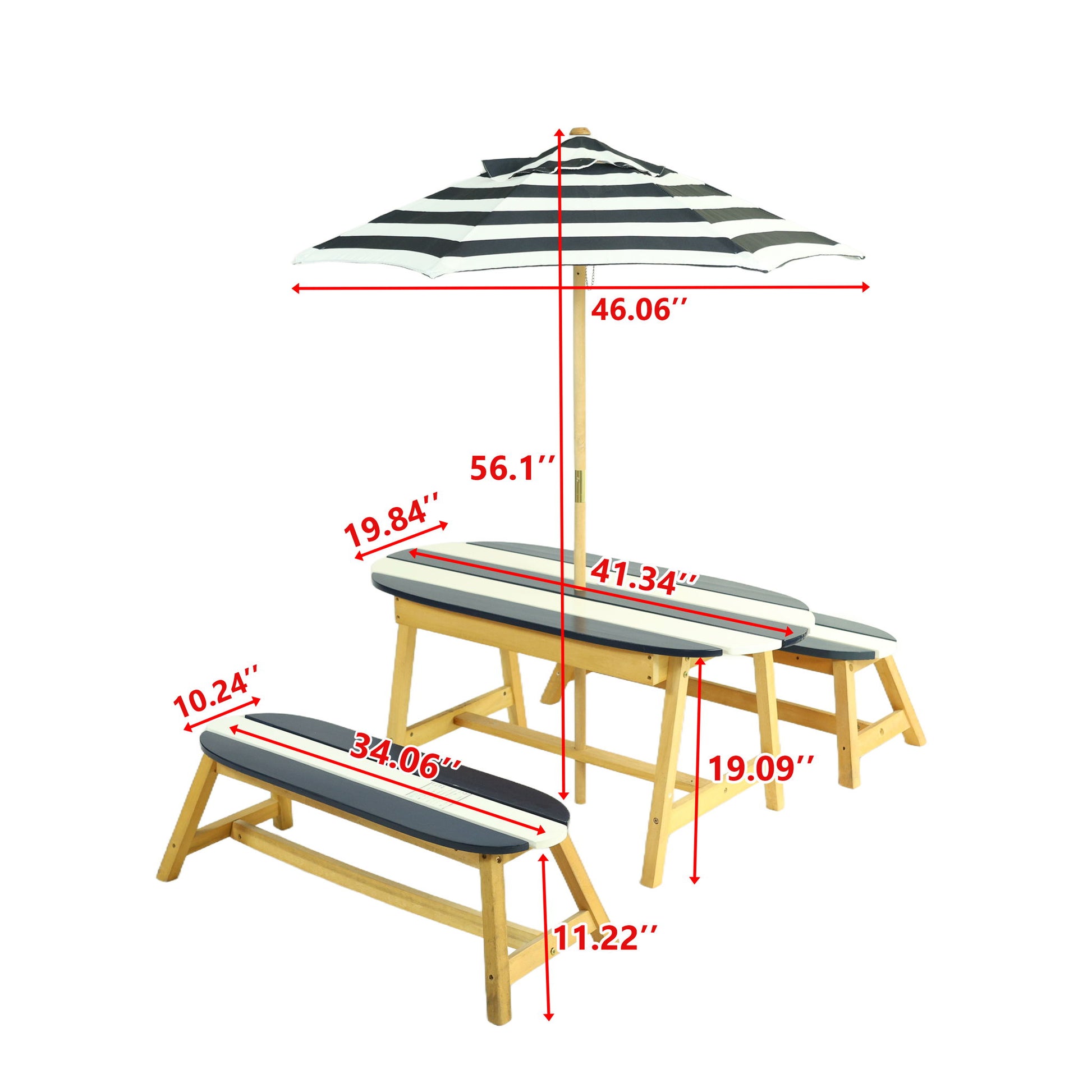 Naturally Playful Kids Picnic Table With Umbrella, Indoor / Outdoor Fun - Blue / White Stripes