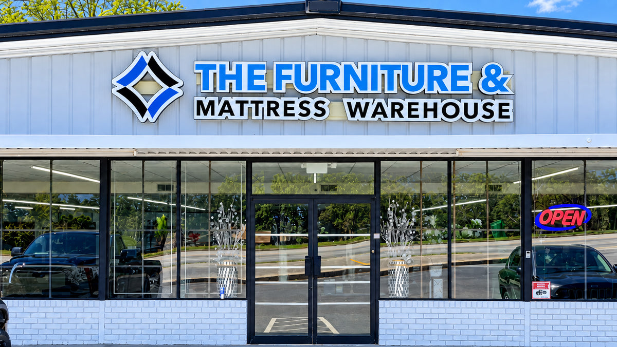 The Furniture & Mattress Warehouse storefront at 5880 Mableton Pkwy SW, Mableton, GA — locally owned furniture and mattress showroom serving Metro Atlanta