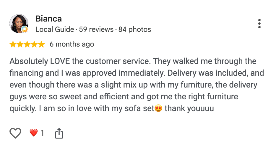 Five-star Google review from Bianca