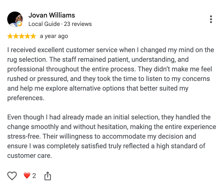 Five-star Google review from Jovan Williams