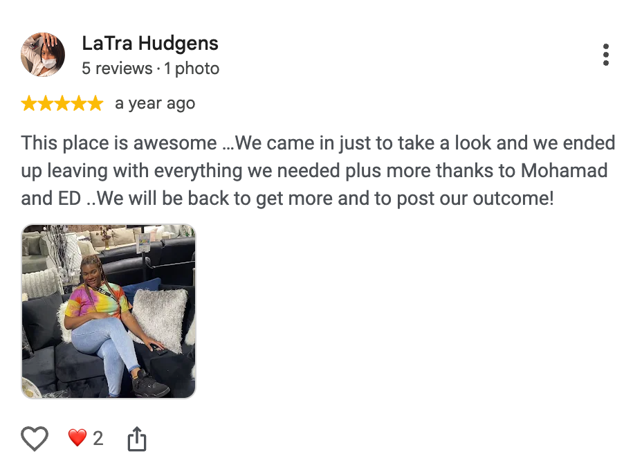 Five-star Google review from LaTra Hudgens