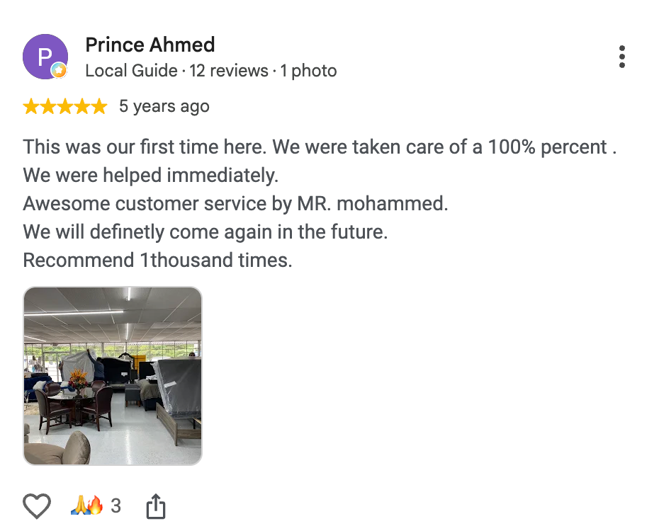 Five-star Google review from Prince Ahmed