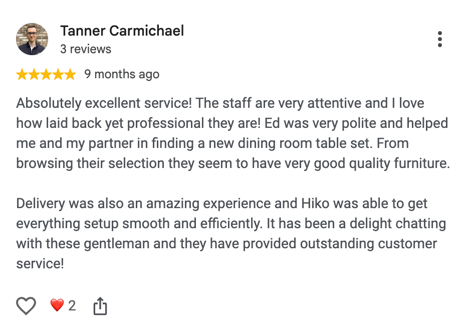 Five-star Google review from Tanner Carmichael